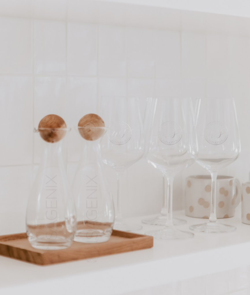 Elegantly etched wine and serving glassware by Creative Adventure Co.